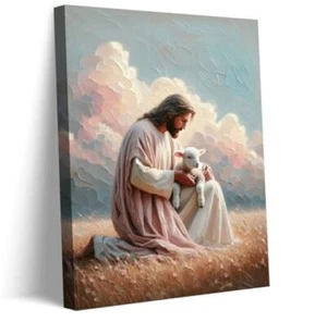 Jesus And Lamb Canvas Wall Art Jesus Christ The Good Shepherd 12x16in canvas - Picture 1 of 7