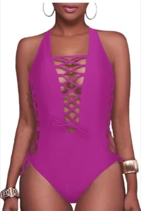 Holipick One Piece Bathing Suit Small Lace Up Plunge Neck Tie Up Hot Pink NWT - Picture 1 of 10