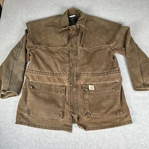 Giacca cappotto utility vintage Carhartt CWO82 marrone foderato in flanella spolverino USA grande LEGGI - Foto 1 di 14