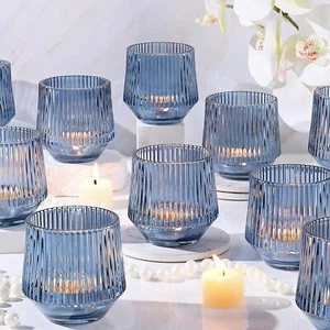 12 Pcs Large Blue Votive Candle Holders- 3.15"×3.15" Ribbed Blue Candle Holde... - Picture 1 of 7