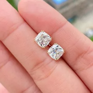 6MM Colorless Cushion OEC Cut Moissanite Push Back Earring Solid 10k Yellow Gold - Picture 1 of 4