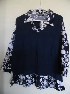 Apt 9 Sweater Shirt Combo Size 1X Blue White Floral Longsleeve Stretchy Top - Picture 1 of 3