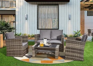 4 Piece Mix Grey Rattan Garden Sofa Set Outdoor Furniture Table Chairs & Cushion - Picture 1 of 16