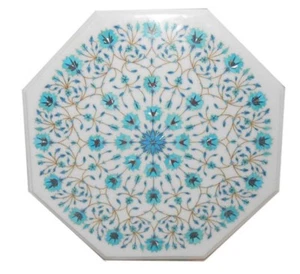 21" White Marble Table Top Semi Precious Stones Turquoise Inlay Home Decor - Picture 1 of 1