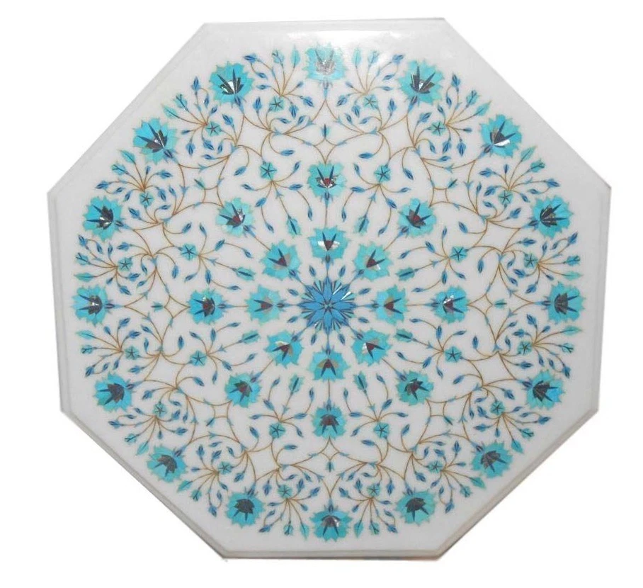 21" White Marble Table Top Semi Precious Stones Turquoise Inlay Home Decor - Image 1 of 1