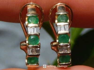10K YELLOW GOLD 1.00 TCW EMERALD & DIAMOND 7/10th INCH TALL LEVERBACK EARRINGS - Image 1 of 4