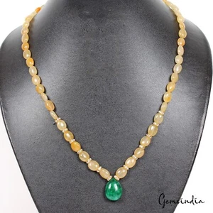 20" Natural Yellow Quartz/ Green Emerald Beaded Handmade Designer Women Necklace - Picture 1 of 5