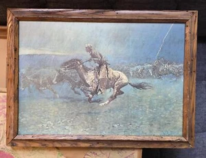 Vintage Frederic Remington “Stampeded by Lightning” Framed Western Cowboy Print - Picture 1 of 7