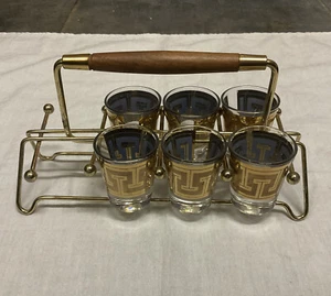 Juego de 6 gafas de oro griego de mediados de siglo vintage y soporte para servir - Imagen 1 de 3