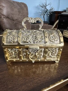 Embossed Gold Jewelry Casket, 6" Long 4" Tall, Art Nouveau Ornate Heavy - Picture 1 of 11