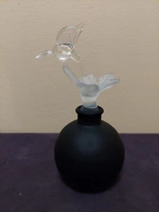 Vintage Black Perfume Bottle w/ Clear Hummingbird and Frosted Flower Stopper - Picture 1 of 10