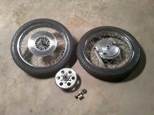 Matching Wheels & Tires Set from Vintage Suzuki GT250 - Complete & Ready to Ship - Picture 1 of 5