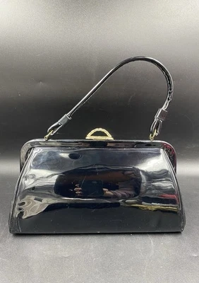 Bolso de Mano Vintage Aetna EE. UU. Negro Patente Cartera Mango Superior Estructurado Años 60 Mod Foto 1 de 4