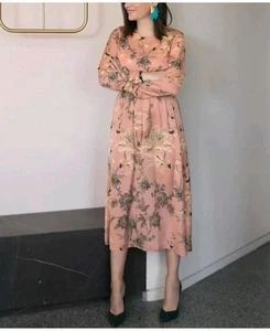 Zara Oriental Floral Bird Print Peach Pink Silky Midi Dress Size Small 8uk VGC - Picture 1 of 18