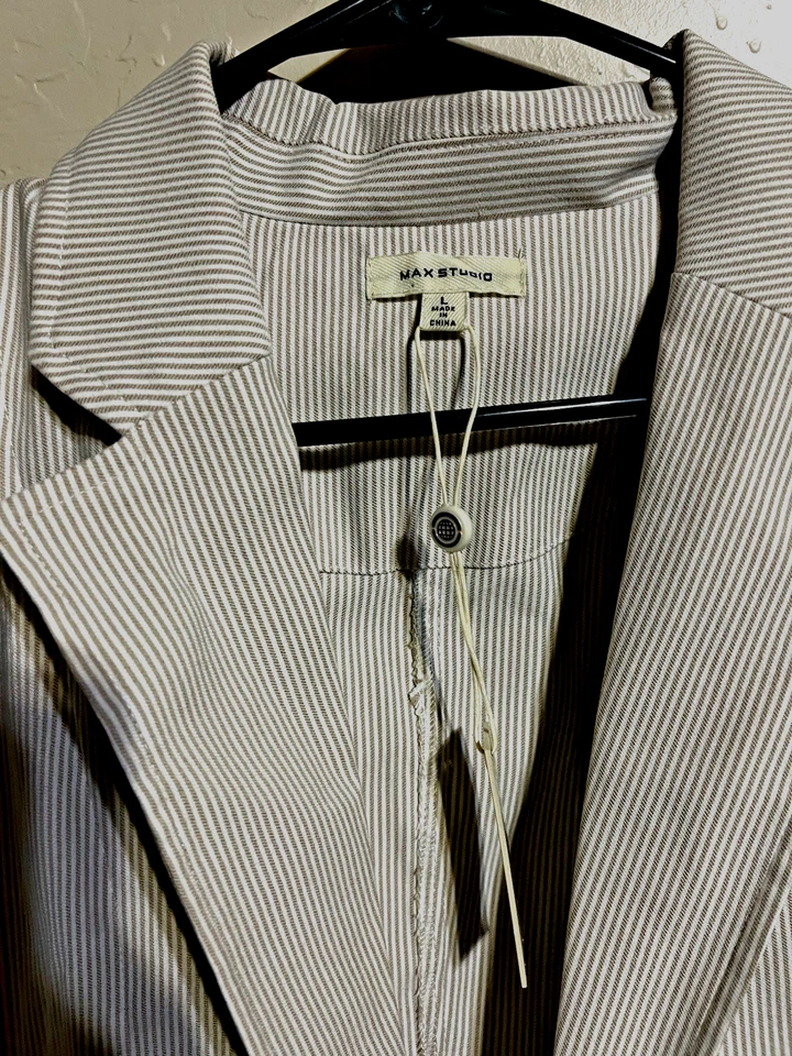 MAX STUDIO Stripe Button Front Linen Blend Blazer women size large white brown - Image 1 of 4