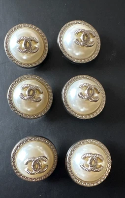 Chanel Logo 15mm Silver Tone White Pearl-Style Dome Shank Buttons – Set of 6 - Image 1 of 4