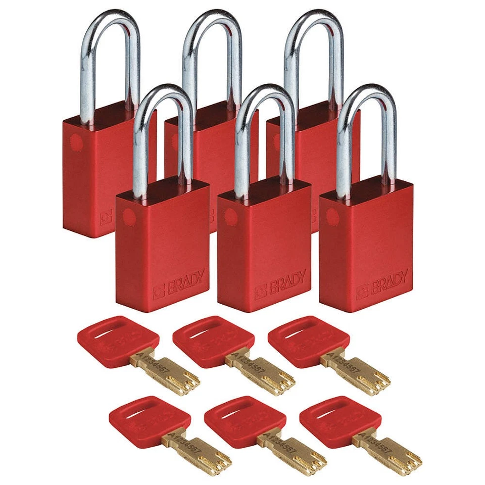 BRADY ALU-RED-38ST-KA6PK Lockout Padlock,Aluminum,Red,Alike,PK6 55JY32 - Image 1 of 1