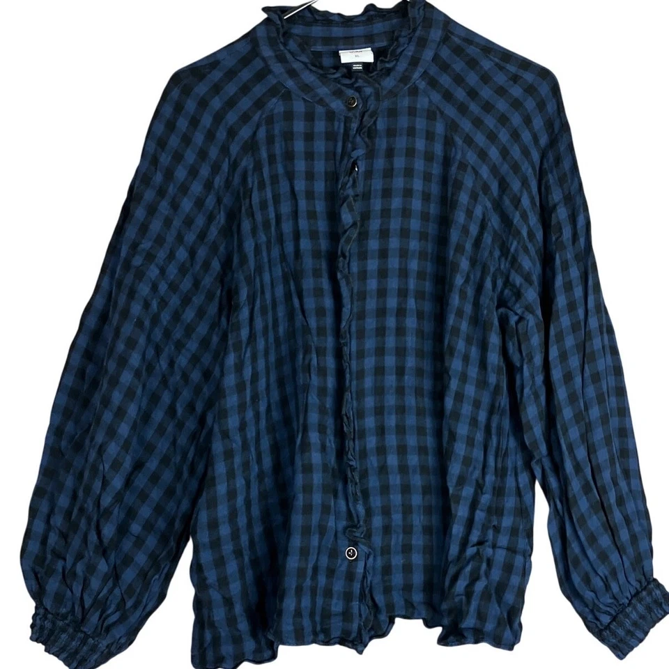 Blusa feminina CAbi azul preta xadrez acabamento com babado botão manga longa GG - Imagem 1 de 4