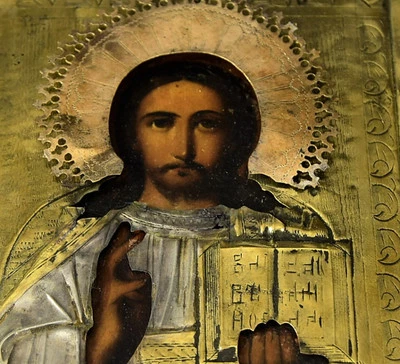 Alte Original handgemalte Ikone Jesus Christus mit Oklat - Bild 1 von 4