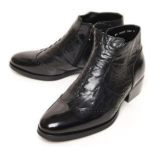 Para hombre Cuero Negro Puntas Ala Brogue Arrugas Lado Cremallera Tacones Altos Botas al Tobillo - Imagen 1 de 4