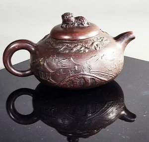 Antique Chinese Yixing Jiangsu Pottery Garden Landscape Dragon Foo-Dog Teapot - Picture 1 of 17