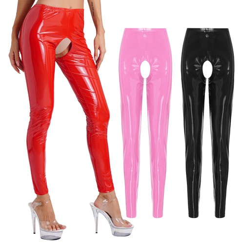 Women Skinny Faux Leather Pants Sexy Crotchless Underpants Wet Look Shiny Tights