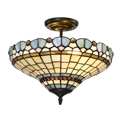 PEACOCK TIFFANY STYLE GLASS SEMI FLUSH CEILING LIGHT ( COMES WITH FITTINGS ) - Image 1 of 4