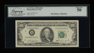DBR 1990 $100 FRN Boston Fr. 2173-A Legacy AU-50 Serial A41094311A - Image 1 of 2