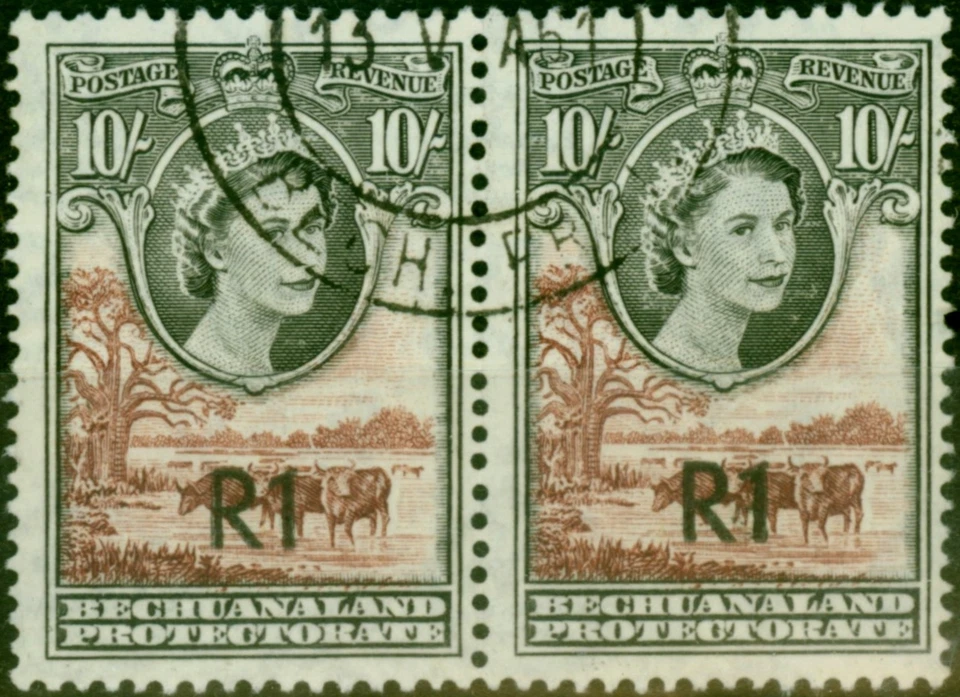Bechuanaland 1961 1R on 10s Black & Red-Brown SG167b V.F.U Pair - Image 1 of 1