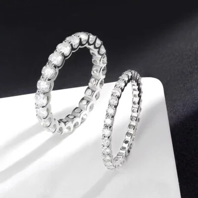 2/3mm VVS1 Full Moissanite Engagement Eternity Band Wedding Ring Sterling Silver - Image 1 of 4