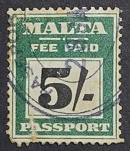 1933-69 Malta Passport Stamps, 5s FEE PAID, Wmk Mult. Script CA Green & Blk - Picture 1 of 4