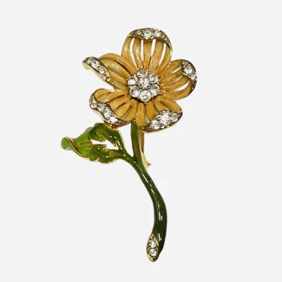 Broche Flor Esmalte Nolan Miller Cristales Rosa Verde Tono Dorado Unisex Prendedor De Colección Foto 1 de 4
