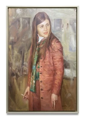 Hungryartist - Pintura al óleo original de lienzo de mujer estilo retro enmarcado 24x36 Foto 1 de 4