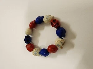 Large Red White Blue Magnesite Skull Bead Bracelet Elastic - Picture 1 of 4