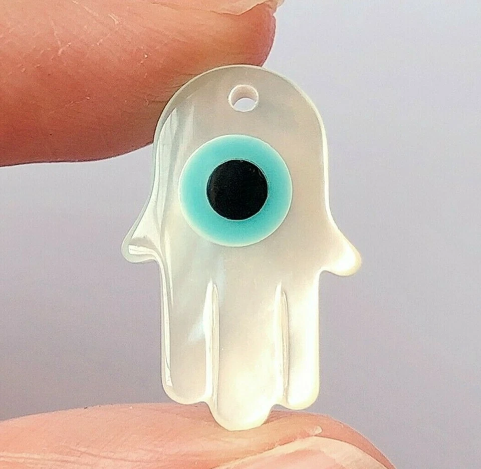 White Mother of Pearl Hamsa Palm Hand w Evil Eye Charm 12x18 mm 10 beads C8673 - Image 1 of 3
