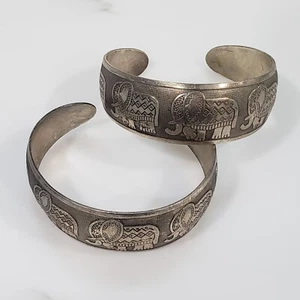 Set of 2 Vintage Elephant Cuff Bangle Bracelets Etched Engraved Boho Silver Tone - Picture 1 of 11