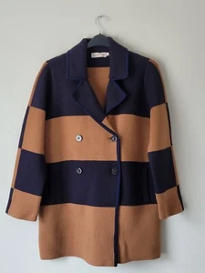 Tory Burch Thick Knit Cardigan 100% Merino Wool Tan & Navy Size Medium Exc Con - Picture 1 of 19