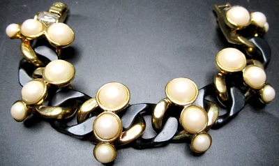 Pulsera ANNE TAYLOR de perlas de imitación de eslabones de cadena negros y dorados pesados Foto 1 de 4