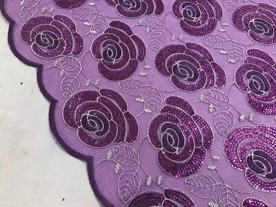 Purple Silver Sequins embroidery Lace Fabric 50” Width Sold By The Yard - Image 1 of 4