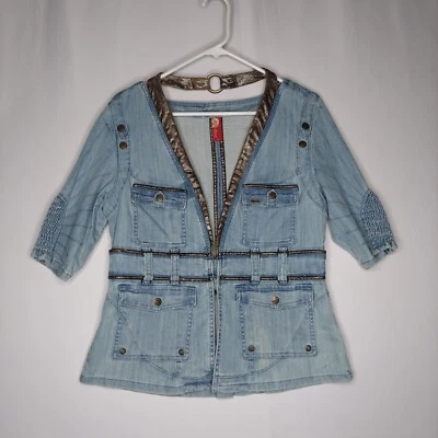 Apple Bottoms Denim Jacket Large Blue Half-Sleeve Faux Leather Trim Y2K - Image 1 of 4
