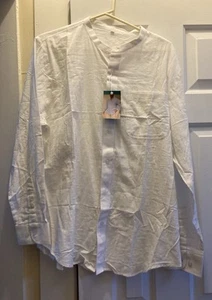 NEW Men's Gianzen Collarless Cotton Linen Shirt White Men’s Large - Picture 1 of 4