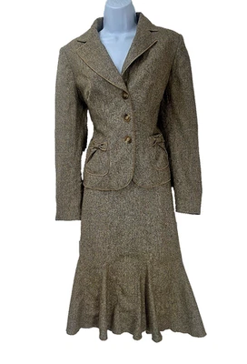 Conjunto de traje falda y blazer Ann Taylor marrón mezcla de lana tweed bolsillos con lazo para mujer 4 Foto 1 de 4