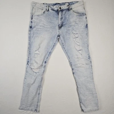 Jeans jeans masculino cintura fumaça 44X32 azul claro lavagem fina cônica desgastada  - Imagem 1 de 4