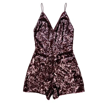 GUESS Sequin Romper Womens XS Party Jumpsuit Burgundy Sparkly Spaghetti Strap - Image 1 of 4