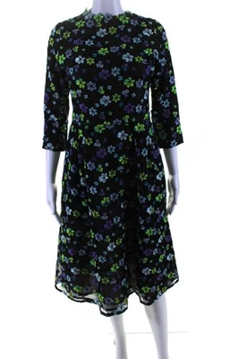 Oscar de la Renta Womens Sheer Hand Embroidered Floral Dress Black Multi Size 8 - Image 1 of 4