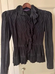 RALPH LAUREN COLLECTION BLACK GOAT SUEDE RUFFLE SHIRT BLOUSE US 2 - Picture 1 of 13