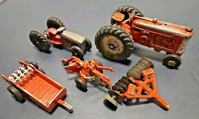5 Vintage Hubley Jr. Silk Toys 1/32 Red Metal Tractors Wagon & Disc Parts Repair - Image 1 of 4