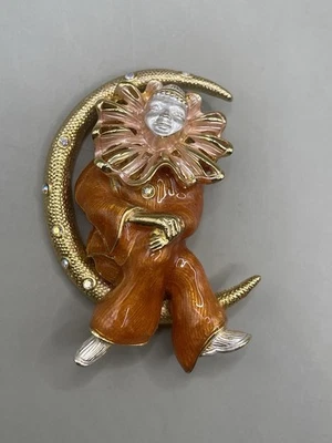 Vintage signed  Berebi Clown On The Moon Orange Enamel GoldTone 2” Pin Brooch - Image 1 of 4