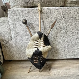African Vintage Tribal Shield and Weapon Handmade Zulu Cow Hide Wall Hanging - Picture 1 of 9