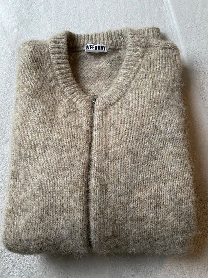 Schöne Beige Melierte Strickjacke, Reissverschluss, Verstärkte Bündchen - Bild 1 von 4